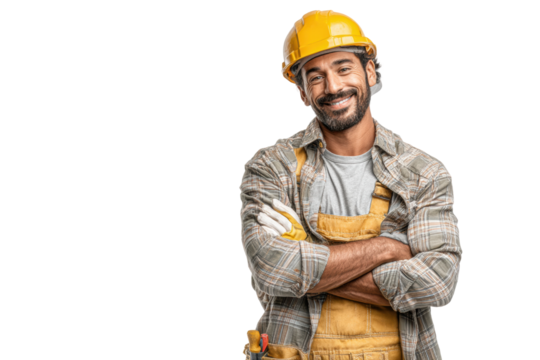 PNG Hispanic male construction worker smiling confidently in hard hat and overalls