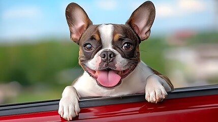 Happy French Bulldog Puppy Hanging Out of Red Car Window Summer Day