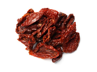 Delicious sun dried tomatoes isolated on white, top view