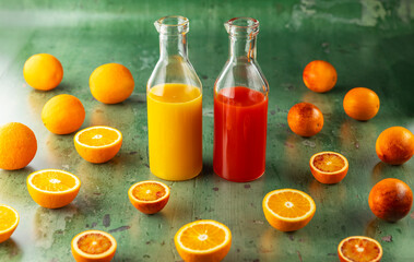 Two bottles containing orange and blood orange juice rest on green metal table surrounded by...