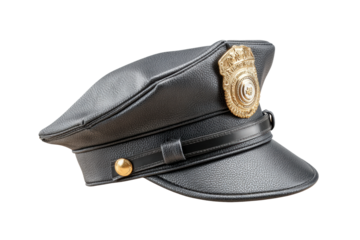 PNG Black police officer cap with gold badge on white background