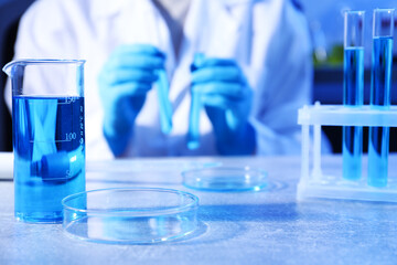 Petri dish and beaker with sample. Scientist working in laboratory, selective focus