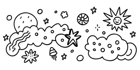 Hand drawn space doodles isolated on white background