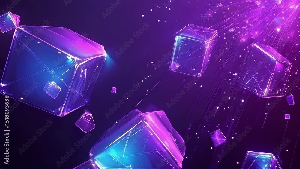 Poster abstract futuristic background with neon glowing cubes and particle trails animation