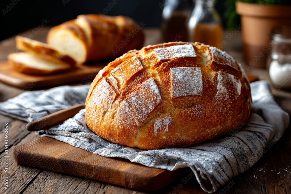 Poster freshly baked sourdough bread elegantly presented on a wooden board with rustic elements and a warm,