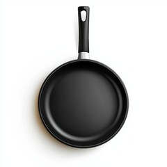 An empty nonstick frying pan with a black handle is centered on a plain white background, ready for cooking or food preparation activities in the kitchen.