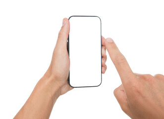 Man with modern smartphone on white background, closeup. Mockup for design