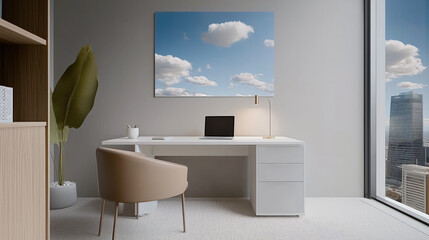 Minimalist office interior with white desk, beige chair, large window, and cloud wall art creates calm workspace
