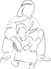 One continuous line drawing on white isolated background. Minimalism linear illustration. woman, person, travel, child, africa, desert, sand, bedouin, nature, culture