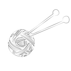 One continuous line drawing on white isolated background. Minimalism linear illustration. hobby, craft, knit up, textile, wool, creativity, ball, fiber, needle, needlecraft