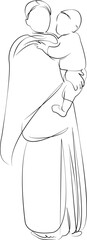 One continuous line drawing on white isolated background. Minimalism linear illustration. children, mother, woman, indian, love, happy, hug, baby, happiness, care
