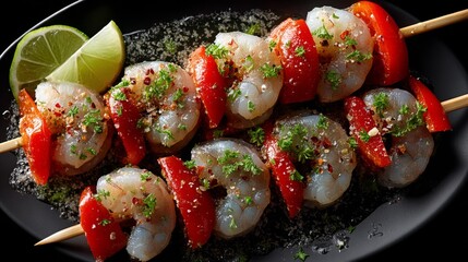 Threaded Shrimp and Red Bell Pepper Skewers With a Touch of Lime and Seasoning Arranged Beautifully on a Dark Plate