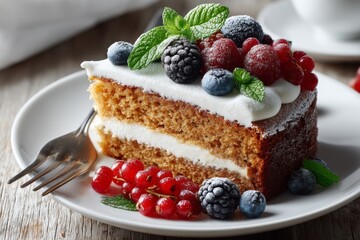 Indulging in Moist Cake Layers Adorned With Fresh Berries and Mint, Served Gracefully on a Rustic Table