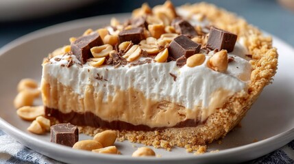 Indulging in a Creamy Slice of No-Bake Peanut Butter Cream Pie With a Rustic Crust and Delightful Toppings