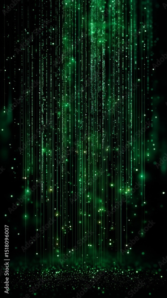 Aufkleber Vertical Lines of Glowing Green Code Twinkle Like Stars in a Digital Universe, Evoking a Futuristic Atmosphere That Hints at Artificial Intelligence and Data Streams