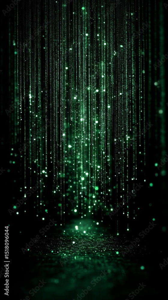 Poster Digital Streams of Green and Black Code Create a Mesmerizing Atmosphere Reminiscent of Artificial Intelligence and Virtual Landscapes at Night
