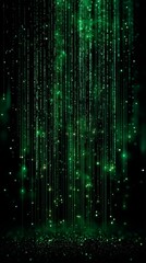 Vertical Lines of Glowing Green Code Twinkle Like Stars in a Digital Universe, Evoking a Futuristic Atmosphere That Hints at Artificial Intelligence and Data Streams
