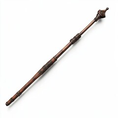 An intricately crafted wooden staff with ornate carvings and wrapped accents lies diagonally against a stark white background, showcasing its detailed artistry.