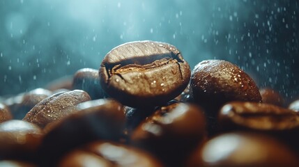 Close-up of wet coffee beans with water droplets.