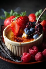Delightful Dessert Experience Featuring Caramelized Crème Brûlée, Berries, and Vanilla Beans Inviting Indulgence and Culinary Artistry