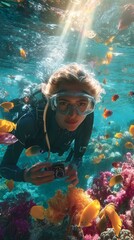 Exploring the Vibrant Underwater World, a Talented Diver Captures Stunning Marine Life With an Underwater Camera While Surrounded by Colorful Coral and Tropical Fish