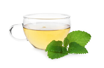Aromatic lemon balm tea in glass cup and fresh leaves isolated on white