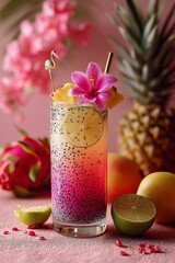 Vibrant Tropical Cocktail Garnished With Colorful Fruits and a Beautiful Orchid, Radiating Summer Vibes on a Pink Backdrop