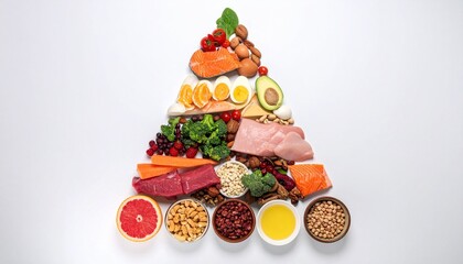 Healthy food pyramid with fruits, veggies, proteins, and oils on a white background.