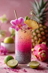 Delightful Tropical Cocktail With Vibrant Pink Ombre and Exotic Garnishes Set Against a Dreamy Pastel Backdrop, Perfect for Summer Celebrations