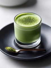 Elegant Matcha Latte Presented on a Matte Black Plate, Showcasing Minimalist Food Design With Warm Light and a Refined Color Palette