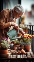 Charming Urban Balcony Brimming With Spring Blooms as a Person Lovingly Waters Plants on a Sunny Afternoon