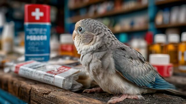 Grey Parrotlet Perched on Wooden Shelf Surrounded by Medicine Bottles in a Veterinary Clinic, Close-Up