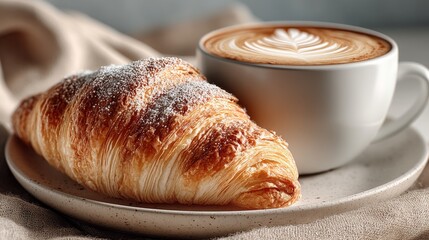 Delight in a Modern Bakery Setting Featuring a Golden Croissant Paired With a Cappuccino, Showcasing the Essence of Artisanal Coffee and Pastry Perfection