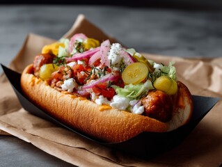 Hot Dog Masterpiece With Gourmet Toppings Served in Black Kraft Paper on a Rustic Table
