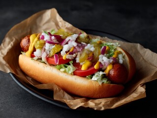 Sizzling Hot Dog With Savory Sausage and Vibrant Toppings Wrapped in Rustic Kraft Paper Served at a Casual Outdoor Eatery