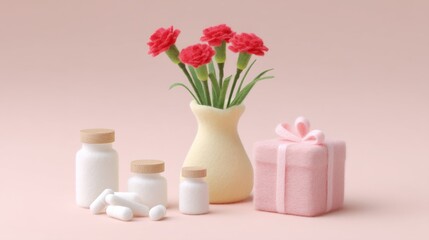Charming Woolfelt Red Carnation Bouquet and Health Supplements Create a Festive Ambiance for Parents' Day Celebration