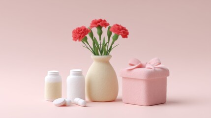 Celebrate Parents' Day With a Charming Arrangement of Red Woolfelt Carnations, Health Supplements, and a Lovely Pink Gift Box on a Soft Table Setting