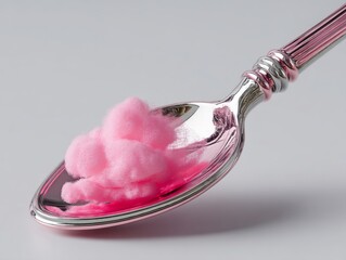 Delicate Pink Metal Spoon Cradles Soft, Airy Clouds of Cotton Candy Against a Clean White Backdrop, Capturing a Whimsical Moment of Sweetness and Fun