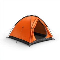 An isolated vibrant orange dome tent with black trim is pitched against a white background, offe a minimalist view of camping equipment for outdoor adventures.