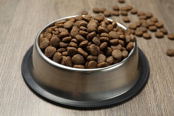 Dry pet food in feeding bowl on wooden background, closeup