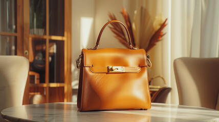 Stylish leather woman's bag on table near light wall