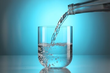 Pouring water from bottle into glass on mirror table against light blue gradient background. Backlit