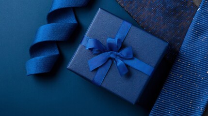 Banner with blue gift box and neckties on dark blue background. Father's day concept