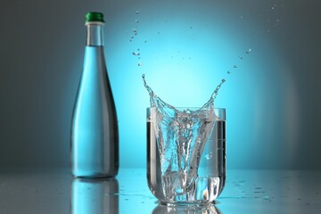 Fresh water splashing out of glass on mirror table against light blue gradient background. Backlit