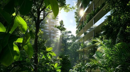 Sustainable living in urban jungle cityscape nature photography lush environment bright daylight eco-conscious concept