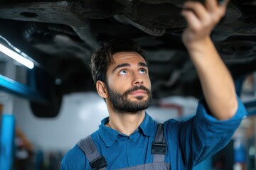 Professional car mechanic checks the condition of the car's chassis in the workshop