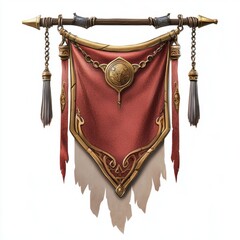 A decorative red and gold banner with ornate embellishments hangs from a wooden pole, accented with tassels and chain, creating an elegant fantasy element.