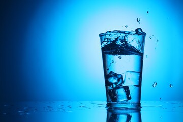 Fresh water splashing out of glass on blue gradient background, space for text. Backlit