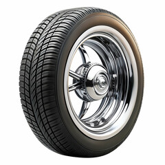 Detailed 3d render of a shiny chrome wheel with a car tire against a white background