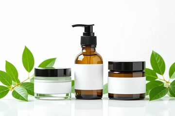 Skincare Product Bottles with Green Leaves